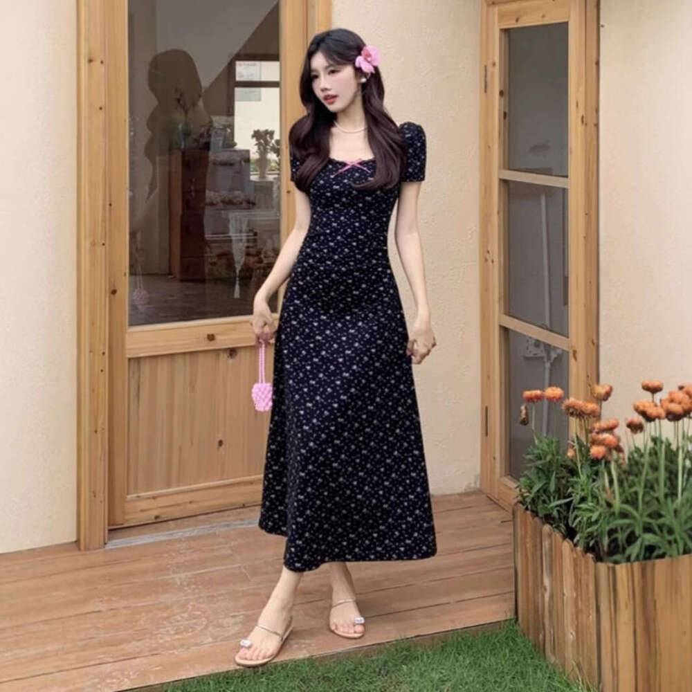 French Style Petite Black Floral Women's Summer New Design Sense Pear-Shaped Body Long Dress B5