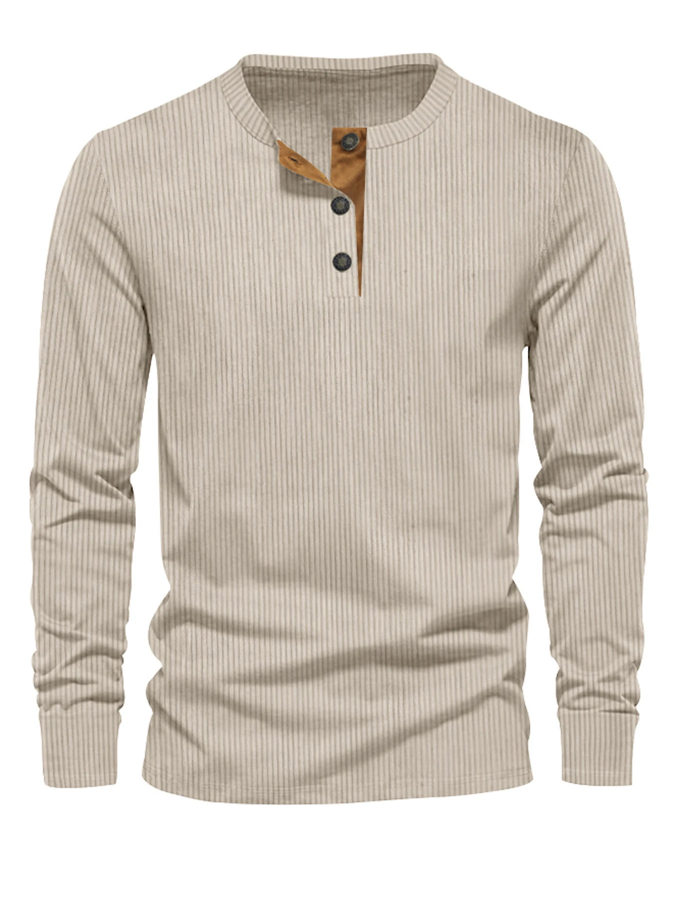 2024 Spring and Autumn Crossborder Mens Independent Station Corduroy Casual Henry Slim Solid Color Long Sleeve TShirt 250707