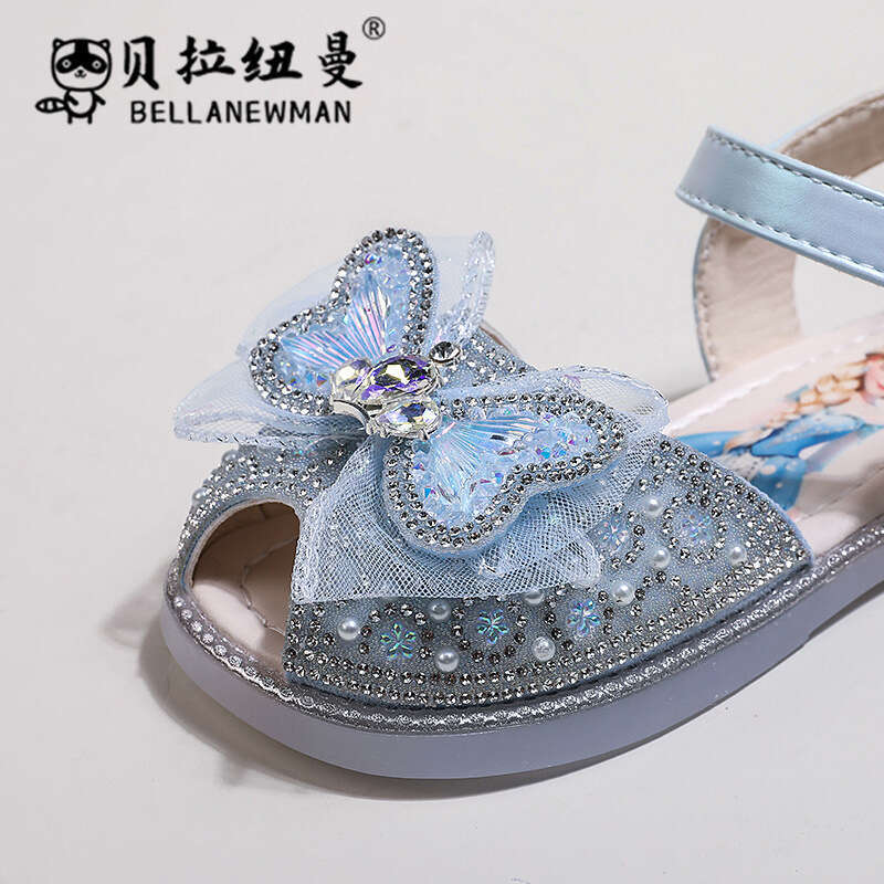 Girls' Peep-Toe Hollow 2024 Summer New Children's Butterfly Fish Mouth Rhinestone Soft Sole Princess Sandals