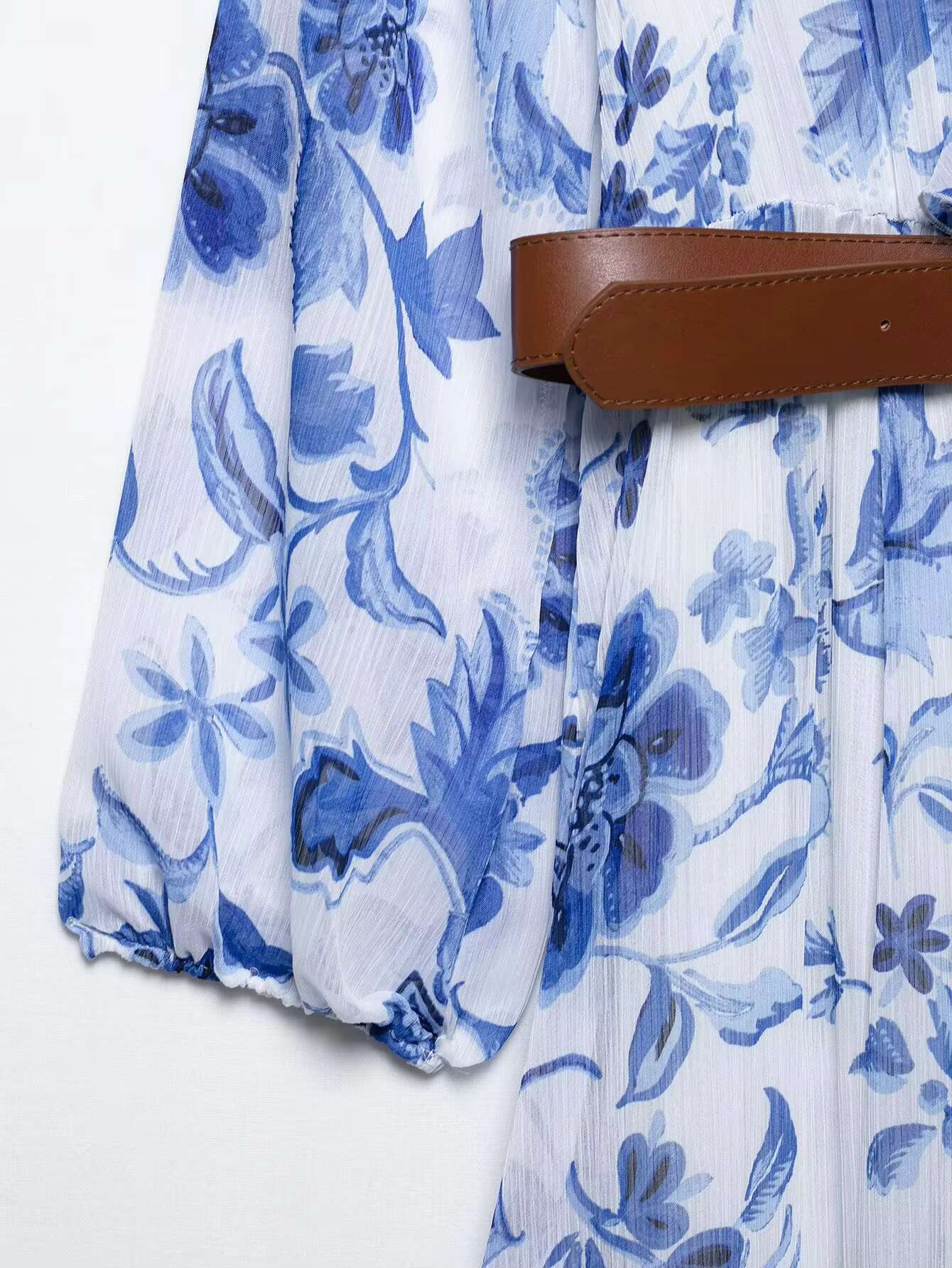 Zevity 2025 Women Bohemian Style Blue Floral Print Belt Sashes Casual Midi Dress Female Chic Cascading Ruffles Vestidos DS9027 dongdumaoyi