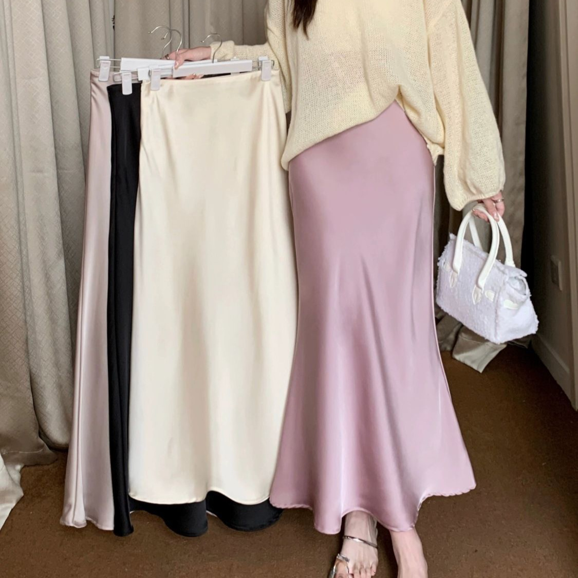 New women's skirt new high waisted slim fit mid length skirt women's satin tight mermaid long skirt summer pleated skirt new designer dress