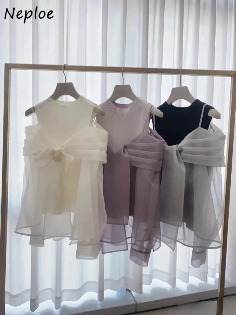 Neploe Sweet Voile Bow Patchwork Sets Slingo Neck Knit Off Shoulder Vest Jumper Japan Moda Elegant Suits Ruched Pullovers 250708