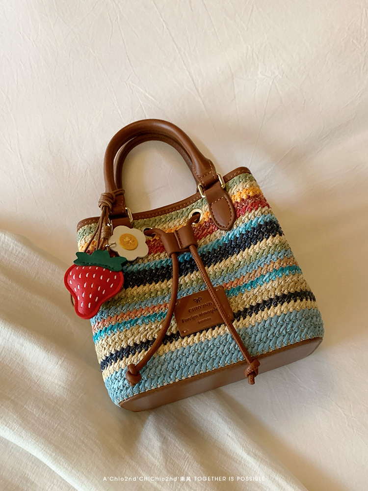 2025 New Women's Rainbow Candy Jar Bucket Bag - Woven Bag Handheld Single - Shoulder and Cross - Body Bag