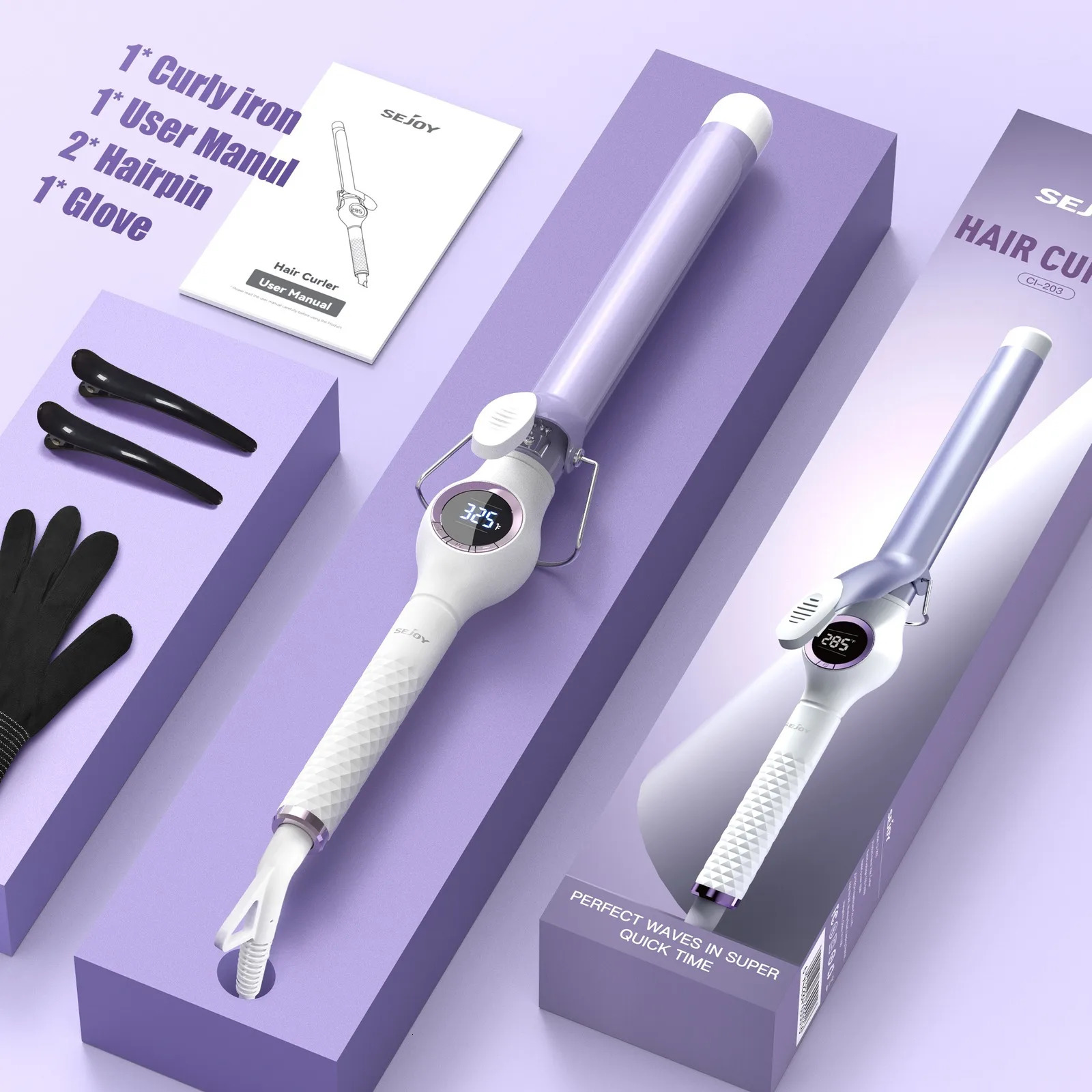 Sejoy 110V 65W Hair Curling Iron PTC Heated Tech 140-200 Ceramic Hair Curler With Digital Temp Control US Type 250712