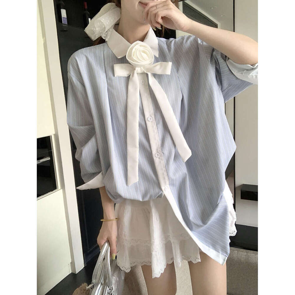 Blue Striped For Women Spring Summer Patchwork Loose Slimming Shirt Sun Protection Jacket Hong Kong Style Chic Top B5
