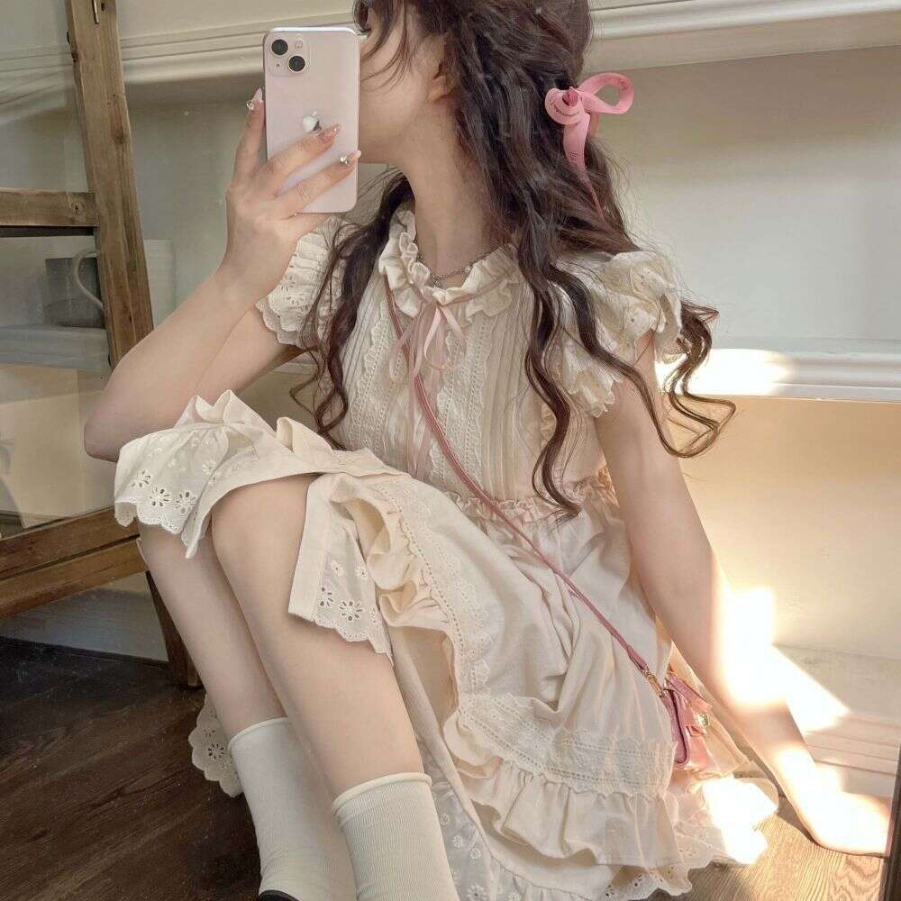 Small Flutter Sleeve Women, Summer New Ruffled Edge Elegant Slimming Petite Dress For Women B5