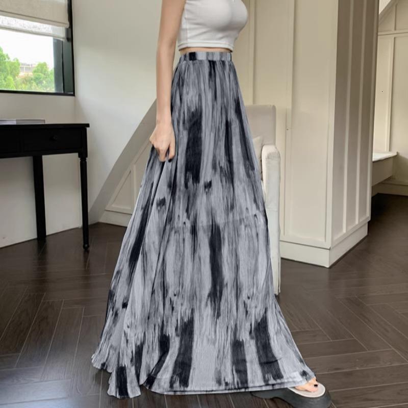 New women's dress retro Chinese ethnic style tie dye dress women's vacation style high waist slim fit A-line skirt pleated long skirt flared