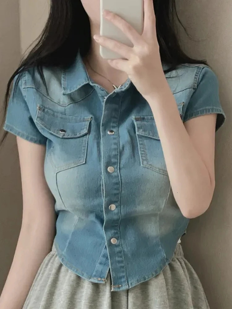 Slim Fit ort Sve Collar Denim irt Jaet Womens Lightweight Vintage n Summer Faion Small Size Top 250704