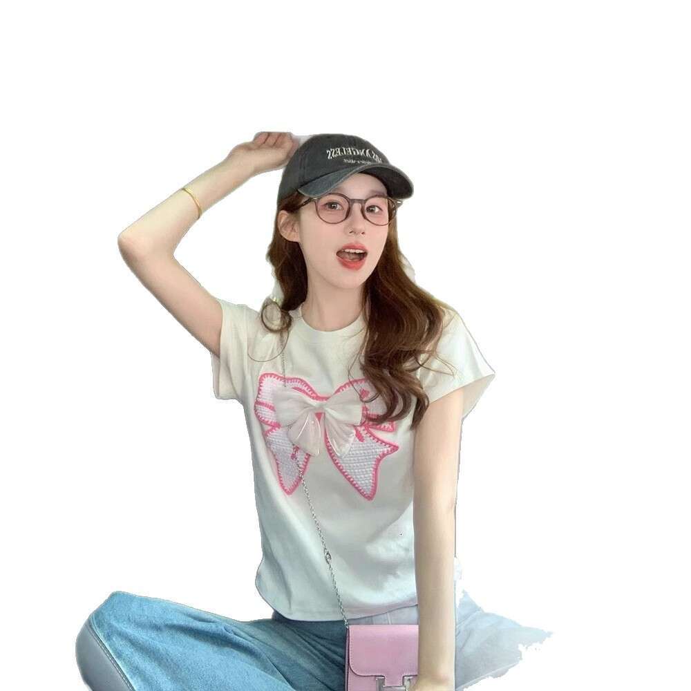 Sweet Style White Bowknot Off-Shoulder Short Sleeve T-Shirt For Women Summer New Loose Casual Youthful Design Top B5 h7