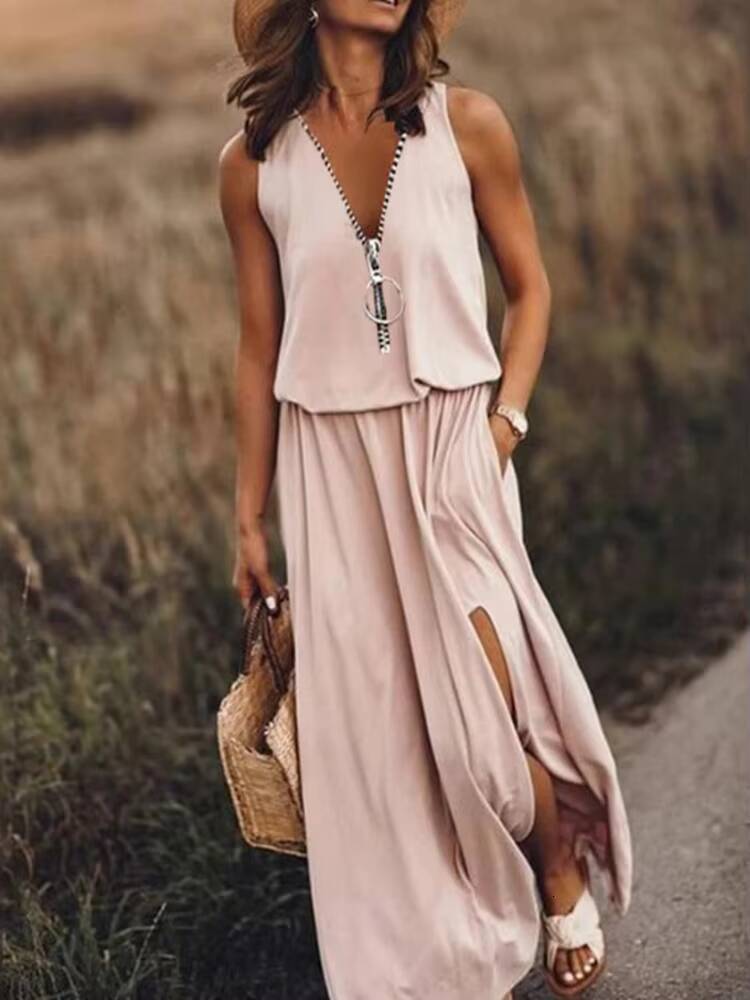 Fashion Sleeveless Tank Zipper Long Dress 2023 Summer Loose Casual Solid Slit Elegant Ladies Dresses For Women dongdumaoyi