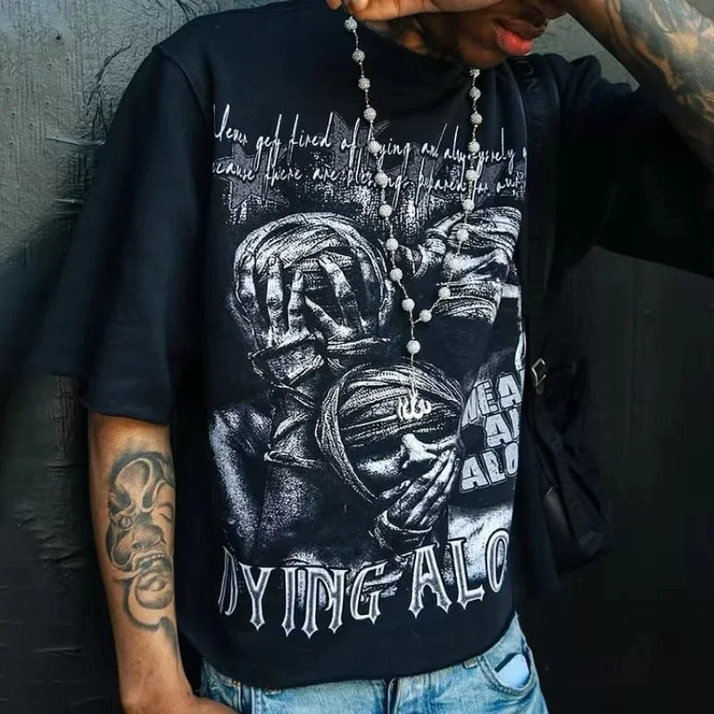 We Are All Alone Abstract Human Face Graphics Printed Cotton TShirt Men Y2K Short Sleeves Oversize Tshirt Streetwear Women Tops 250704