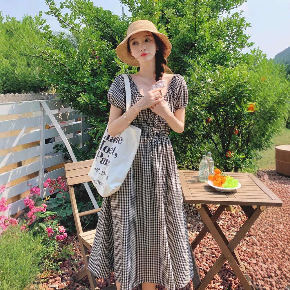 French Style Black Puff Sleeve Plaid For Women Summer New Small Petite Elegant Slimming Long Dress B5