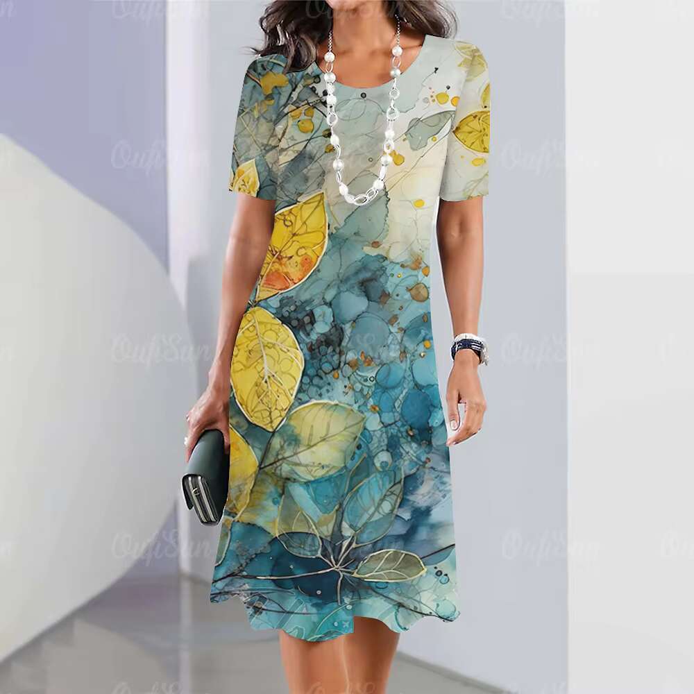 2024 New Leaf Print Elegant Beautiful Midi Dresses Fashion Plus Size Womens Dressess dongdumaoyi