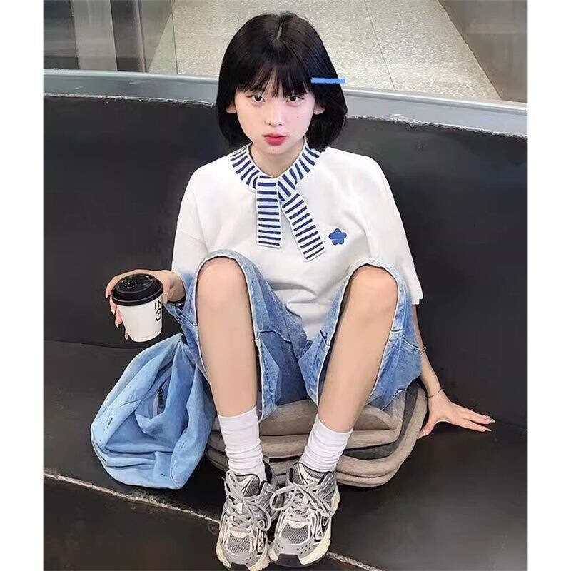 Pure Cotton Korean White Short Sleeve T-Shirt For Women Summer New Design Loose Casual Petite Top College Style B5