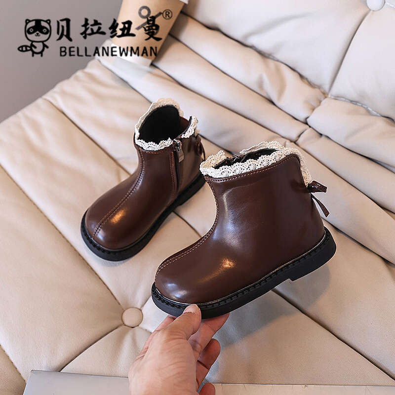 Girls Lace Bow Princess Short 2024 Autumn New Korean Children's Fashion British Style Toddler Leather Boots