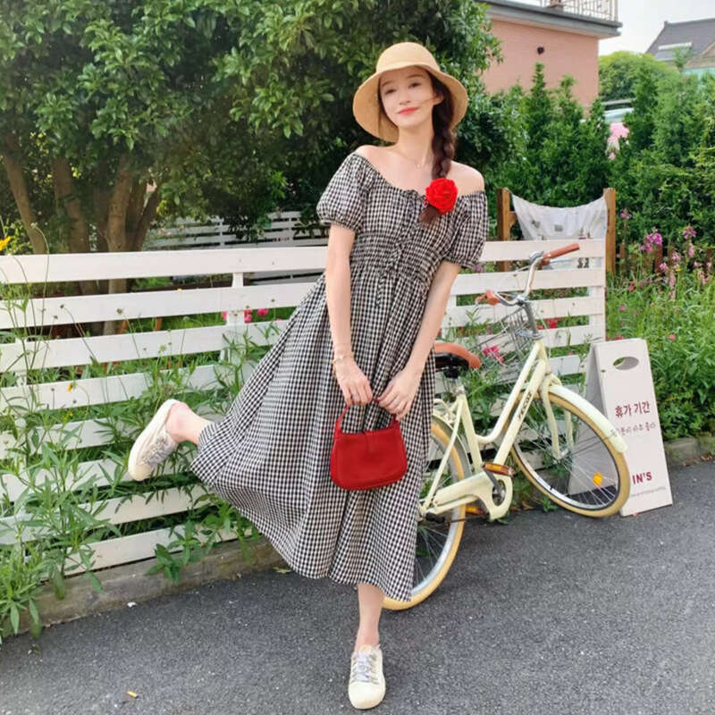 French Style Black Puff Sleeve Plaid For Women Summer New Small Petite Elegant Slimming Long Dress B5