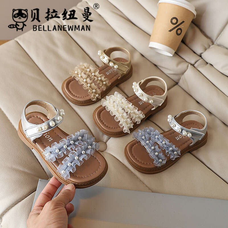 Children's 2025 Summer New Sweet Pearl Princess Shoes for Little Girls Korean Style Fashion Lace Edge Sandals