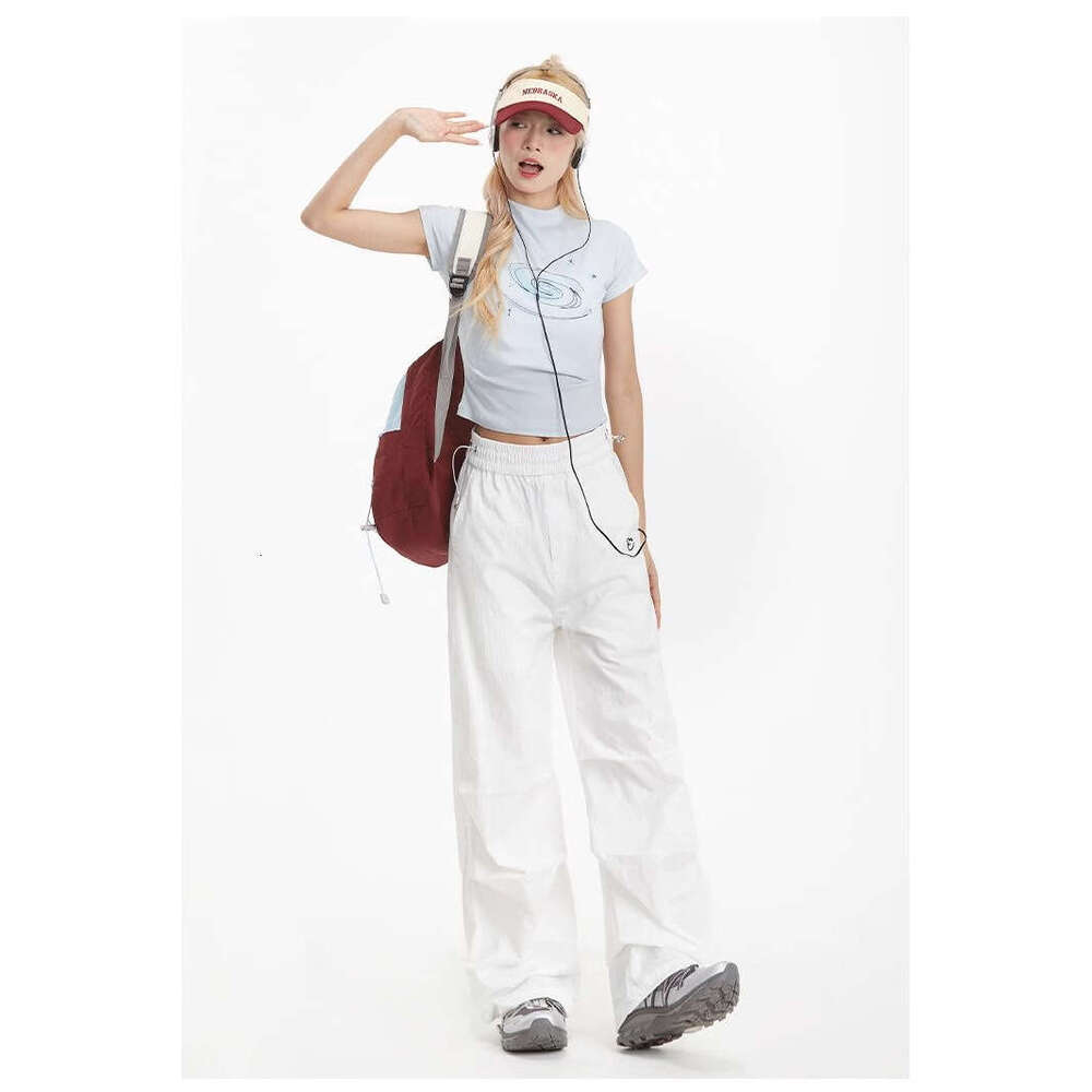 American Style White Cargo For Women Summer Embroidered Loose Casual Sports Quick-Dry Straight Leg Paratrooper Pants Trendy B5