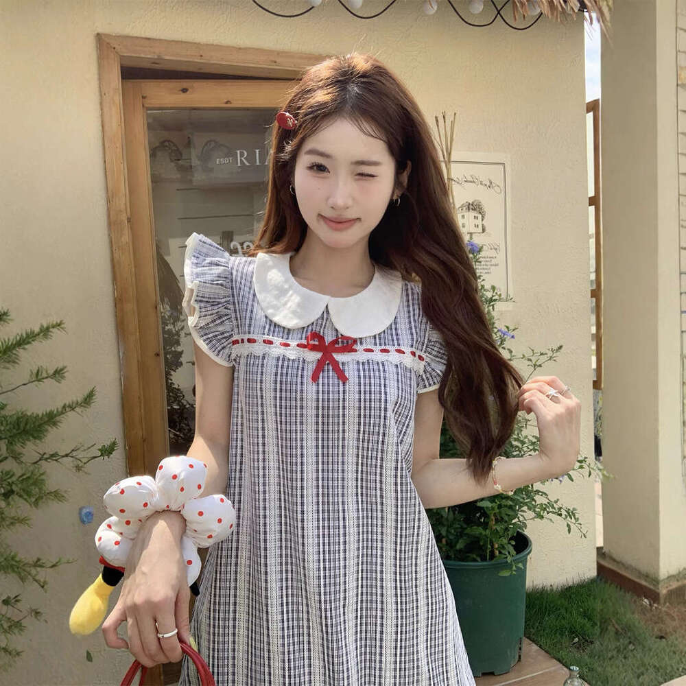 French Doll Collar Blue Small Flutter Sleeve Plaid For Girls Summer New Elegant Princess Short Dress B5