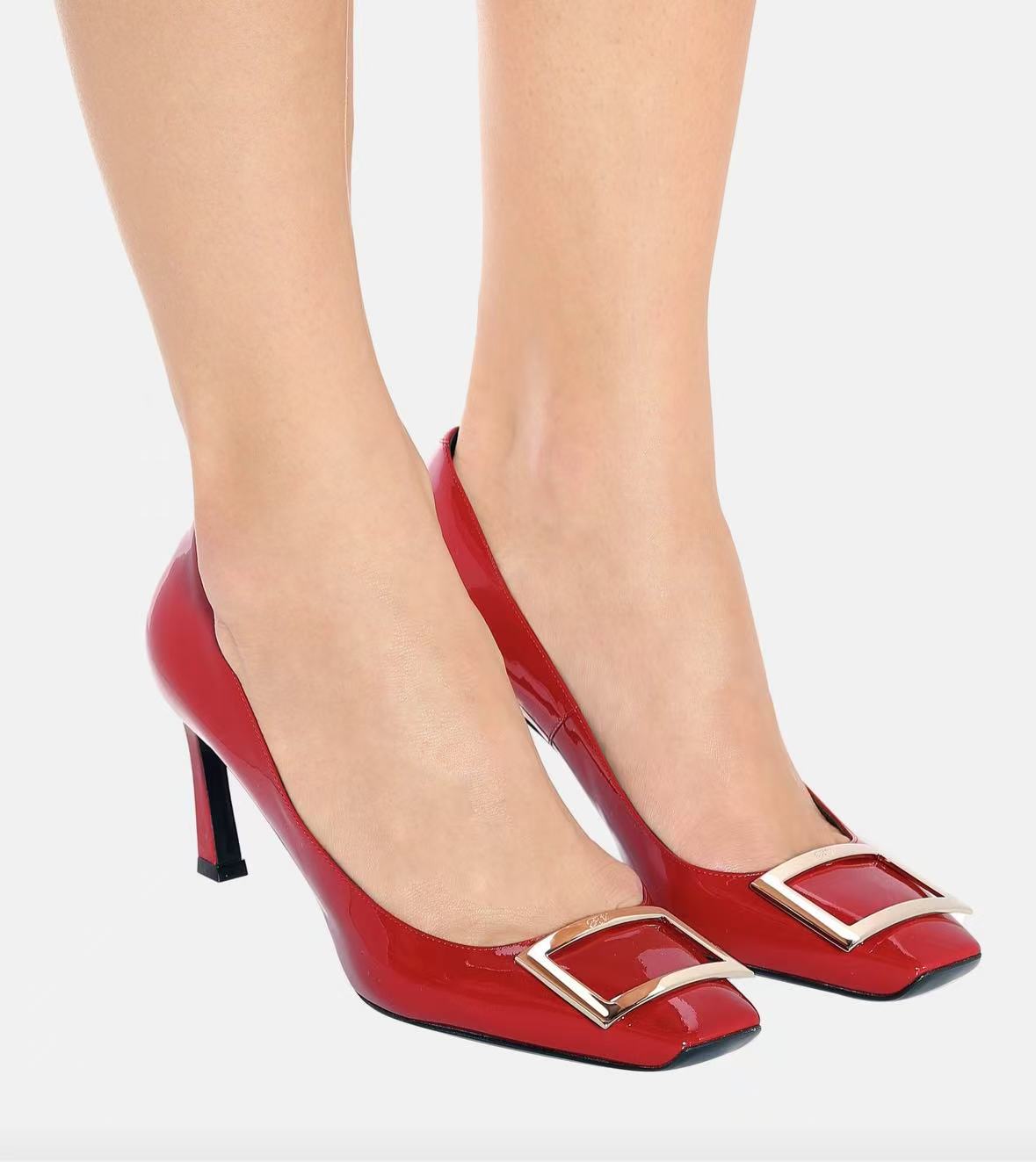 New Arrival Square Buckle Square-Toe Pumps - Genuine Leather Mid Heel Office Shoes for Women (Slate Grey/Classic Red/Jet Black, 4cm and 7cm)