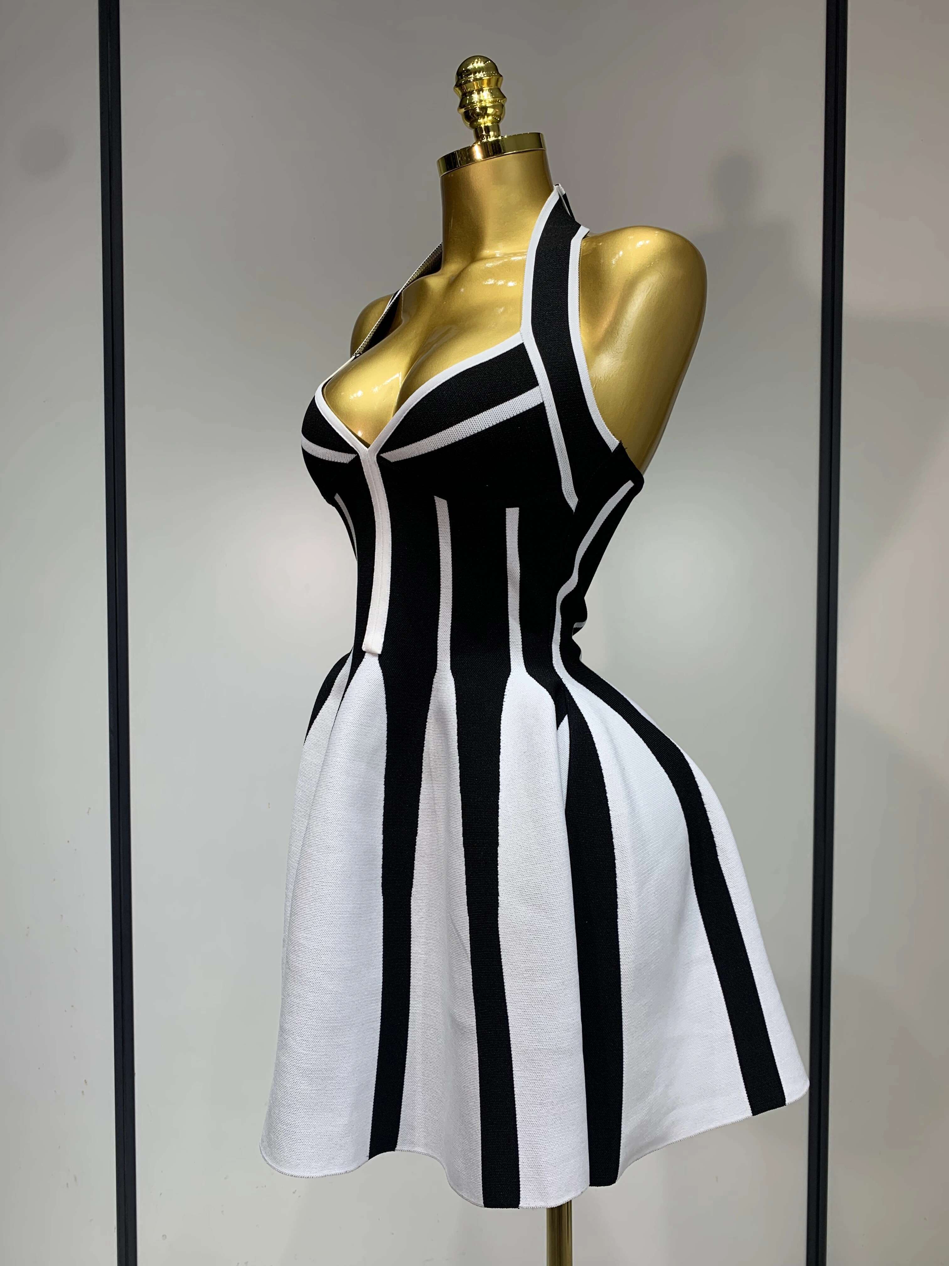 Women Sexy Backless Black White Stripes Halter Bandage A Line Short Celebrity Elegant Evening Party Holiday Club Dress dongdumaoyi
