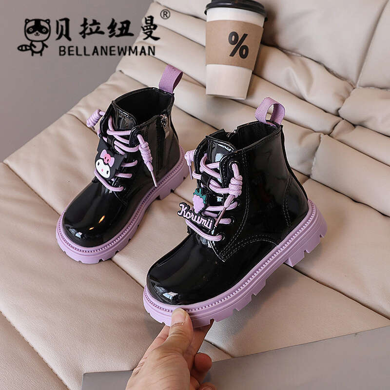 Shoes 2024 Autumn New Korean Style Patent Glossy Cartoon Girls' High-top Leather Children's Martin Boots