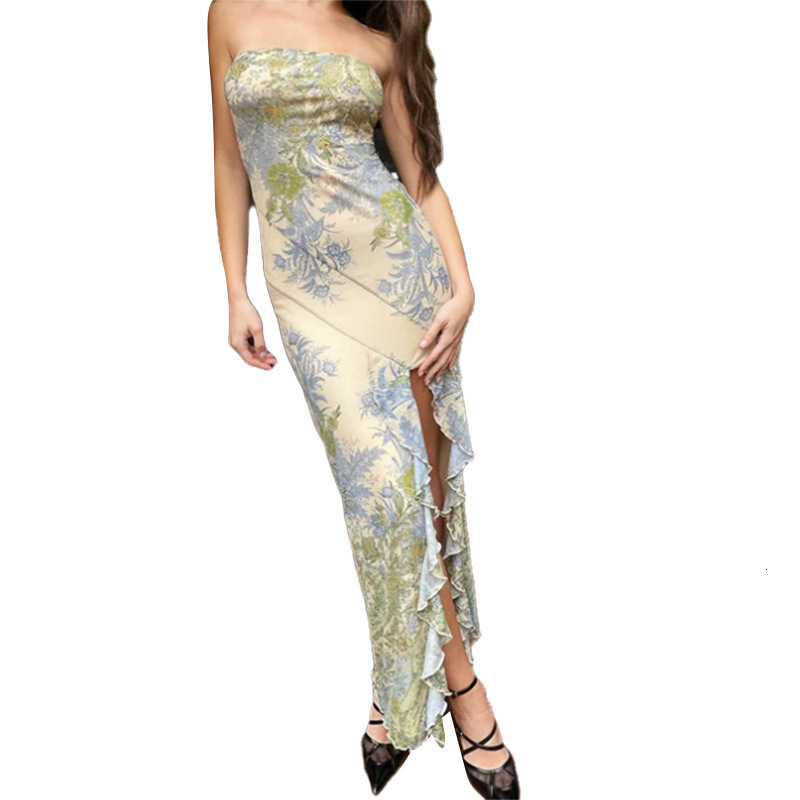 2025 New women's skirt new one shoulder retro elegant style women's group new mesh printed strapless dress summer new Slit new designer dres