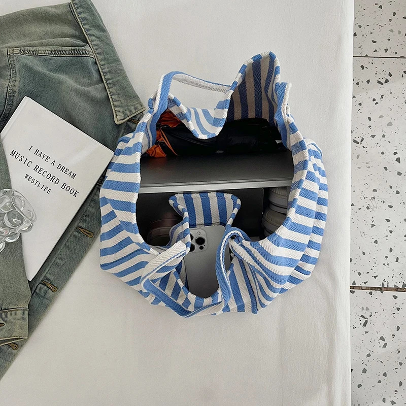 Summer Stripe Canvas Tote Bag Female Casual Large Capcity Handle Bag Simple Shoulder Bags Shopping Handbag Daily Bag 250704