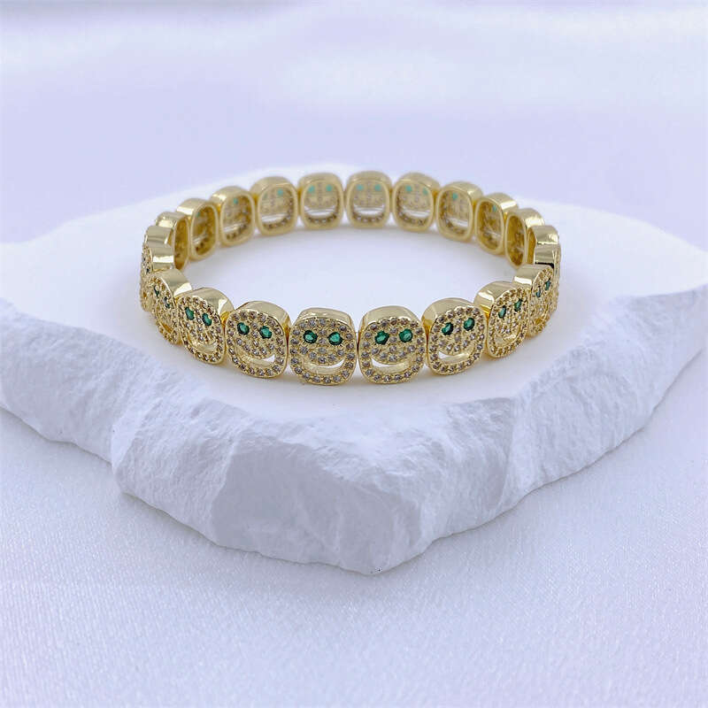 Personalized Hip-Hop Style Micro-Inlaid Smiley Face Elastic Copper Color Zircon Trendy Expression Bracelet for Couples