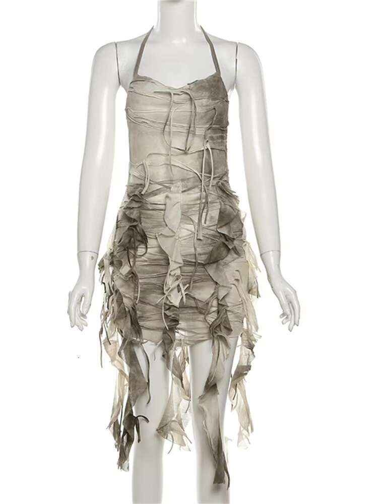 Nibber Halter Tie Dye Dress Stunning Women Hipster Tassel Ruched Backless Bandage Vestidos Female Y2K Summer Party Street Robe dongdumaoyi