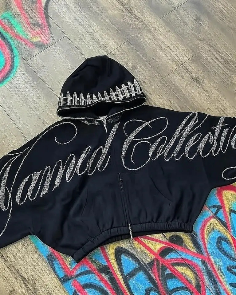 American Retro Cropped Hoodie Y2K Womens Hip Hop Letters Sequins Oversized Zipper Sweatshirt Casual Jacket 250714