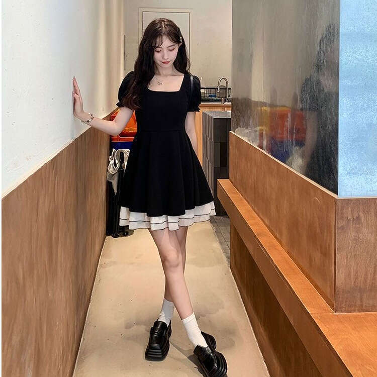 Hepburn Style Black French For Women Summer New Small Petite Elegant Waist-Cinching High-End Short Dress B5