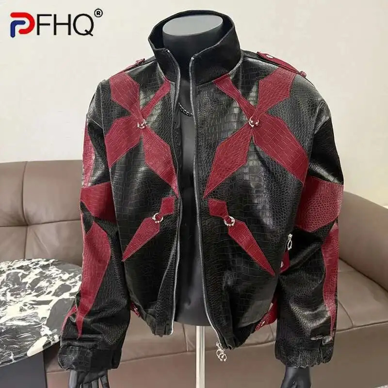 PFHQ Mens PU Leather Jacket Zipper Stand Collar Contrast Color Korea Fashion Darkwear Male Tops Casual 21E2807 250708