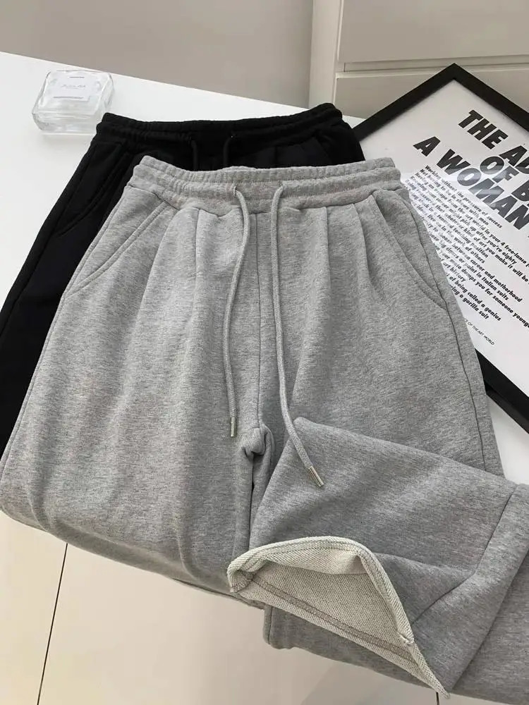 Korean Fashion Bf Harajuku Loose Fitting Women Rolled Edge Straight Leg Pants Solid Color Casual Womens Lace Up Pants 250708