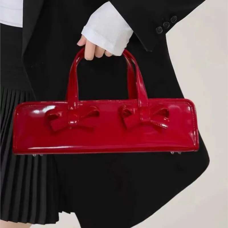 Retro Bow Red Y2k Hand Purse Women Hot Girls Leather Zipper Shoulder Bags Ladies Fairy Core Aesthetic Underarm Bag