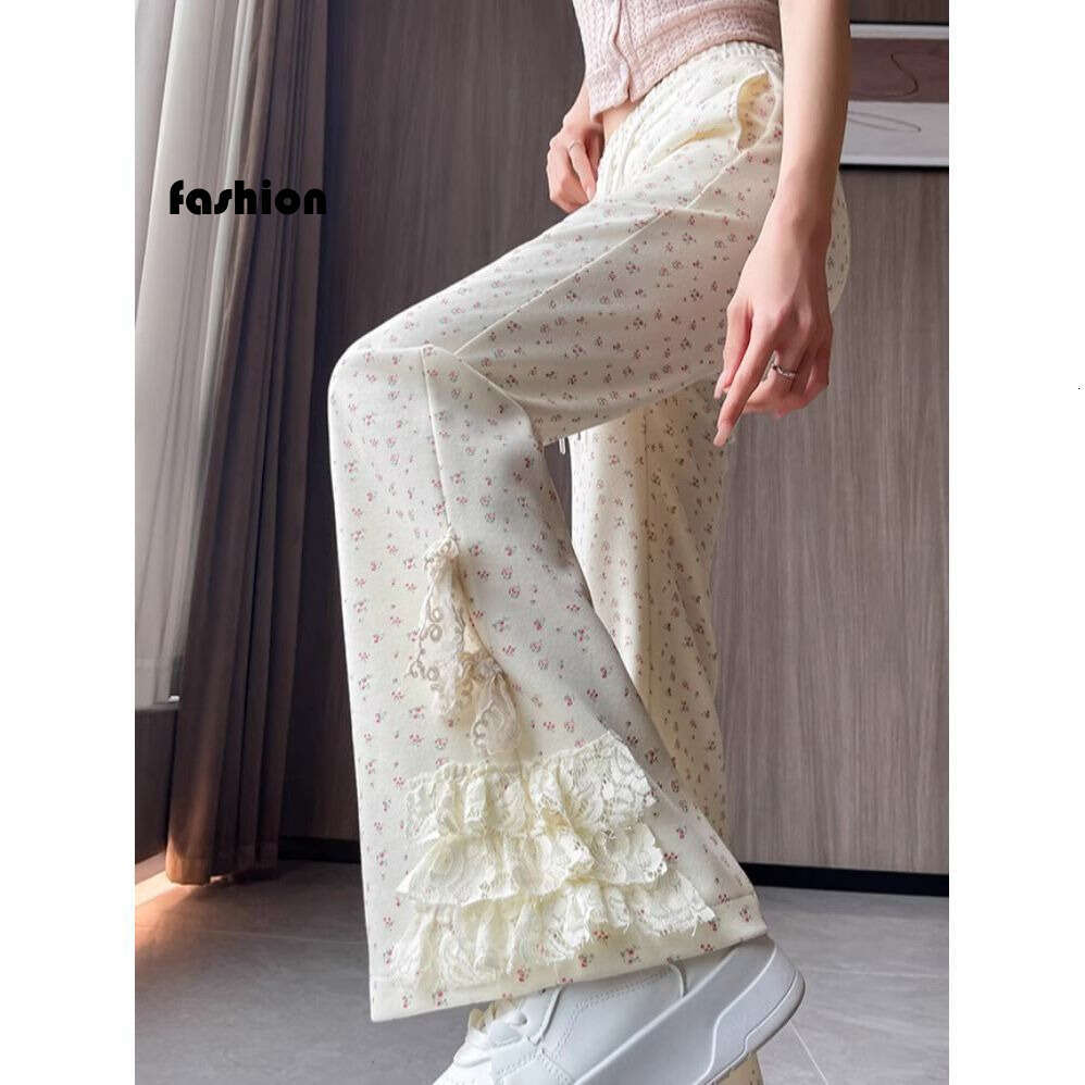 Summer New Lace Floral Flared Women Versatile Slimming Casual Bell Bottom Bowknot Wide Leg Long Pants B5 h7