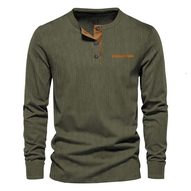 Mens Long Sleeve Tshirt Spring And Autumn Comfortable Corduroy Pocket Daily Casual Henry Shirt Fashion Clothing 250707