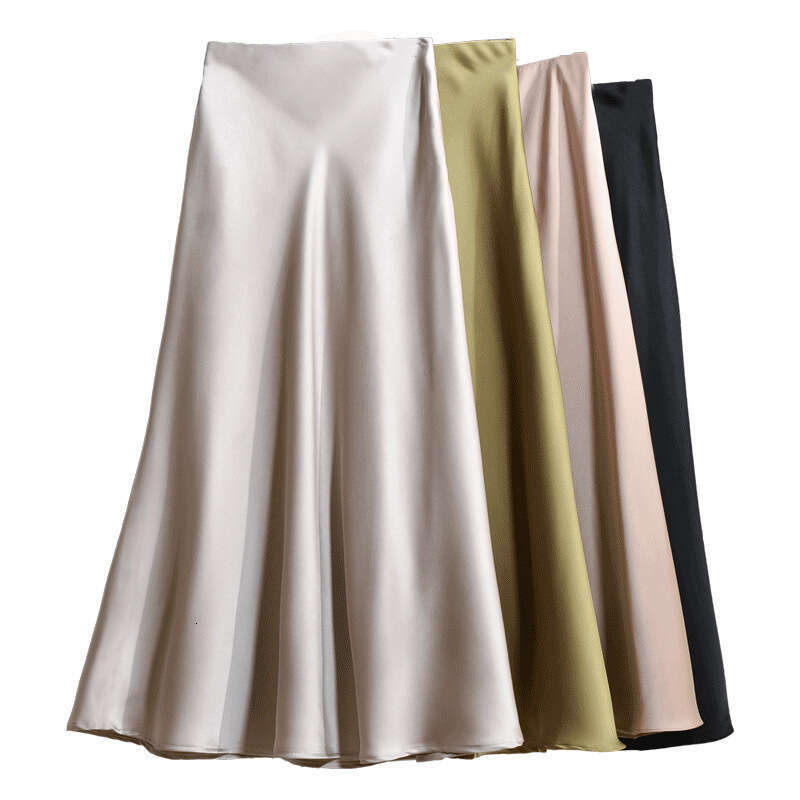 High-End Elegant Champagne Color Imitation Acetate Satin A-Line Spring Autumn Women New Style Half Long Skirt B5