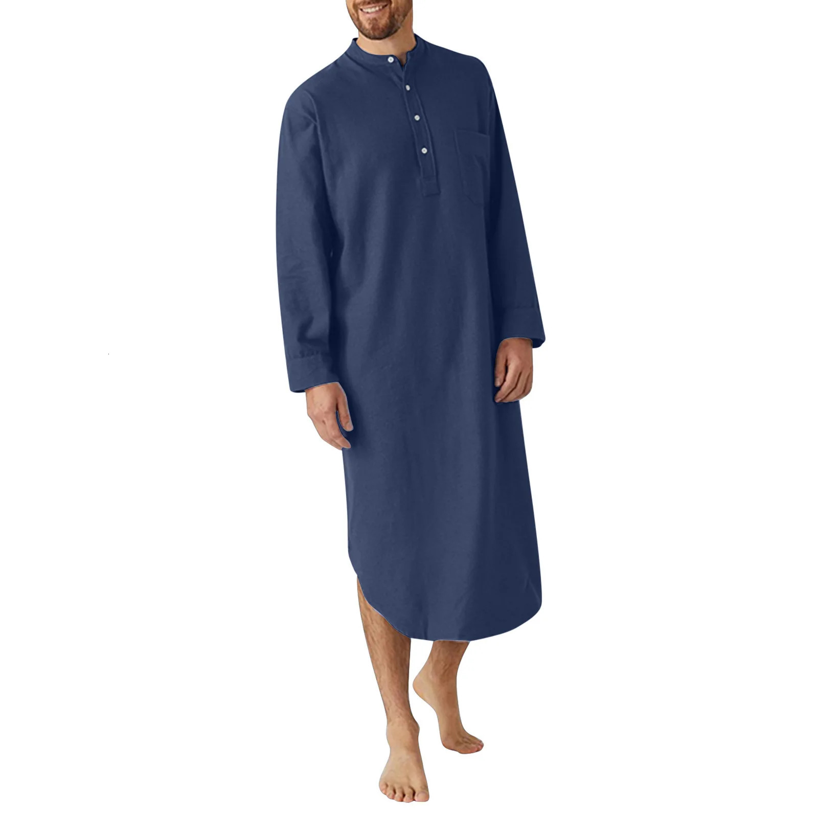 Mens Cotton Button-down Sleep Robe Solid Color Stand Neck Long Sleeve Nightgown Fashion Comfortable Home Wear Loose Bathrobe 250710