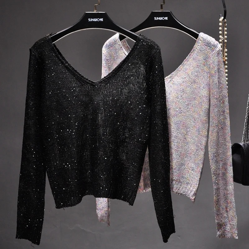 Sequined Double V-Neck Slim Fit Slim Knit Sweater Sparkling Sexy Hollow Bottom Long Sleeve Off-the-Shoulder Top 250708