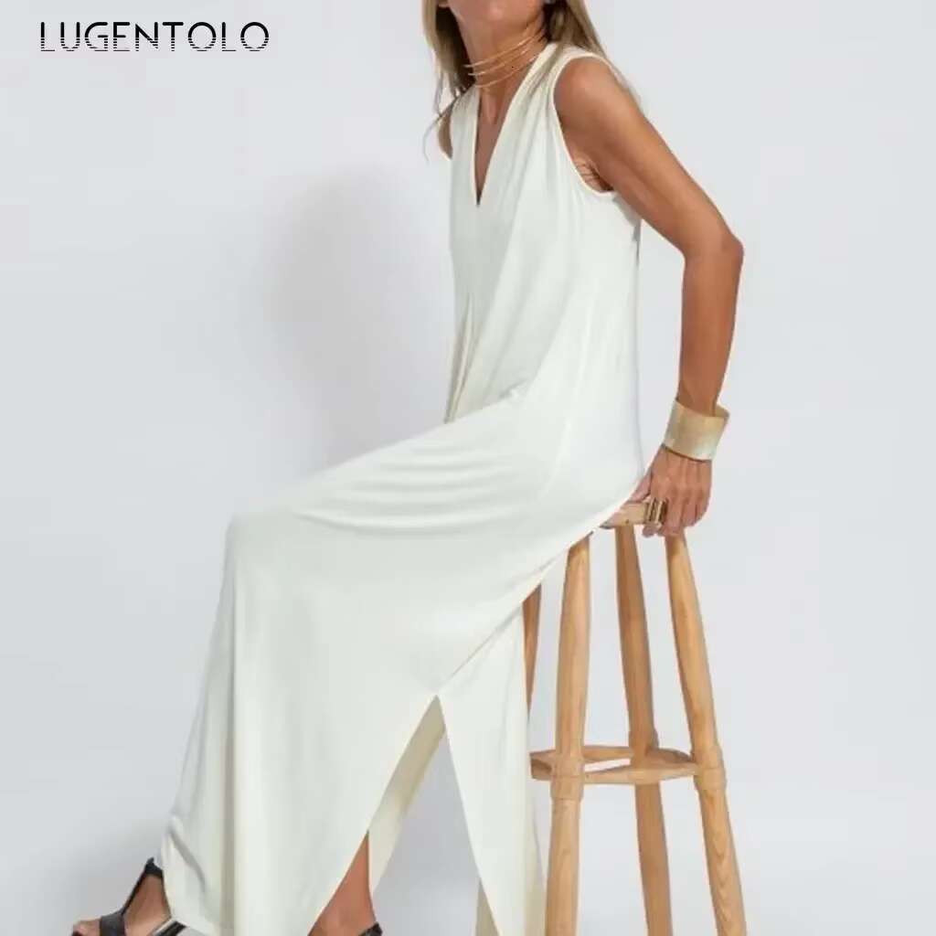 Fashion V-neck Dress Women Sleeveless Split End Summer Solid New Elegant Female Loose Casual Pullover Maxi Clothing dongdumaoyi