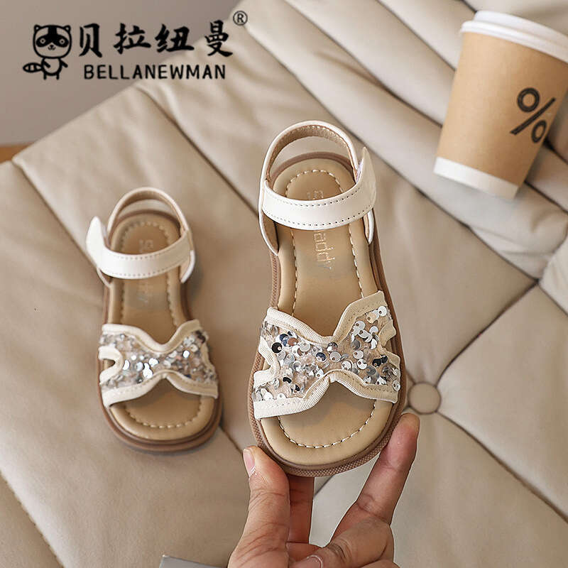 SHEIN Niche Design Girls' Fashion Sequin Princess Sandals 2025 Summer New Children's Soft Sole Beach Shoes