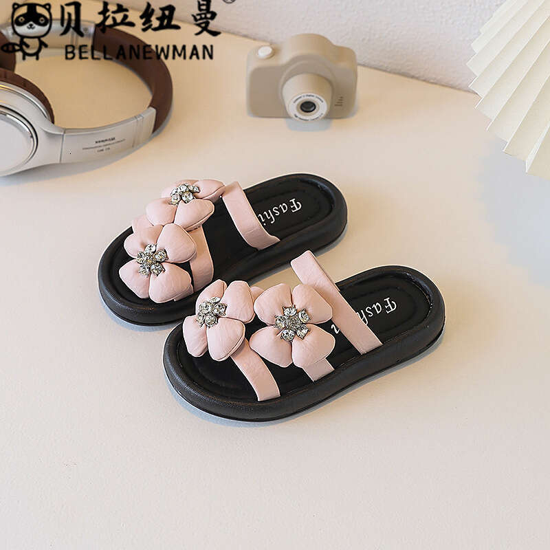Choice Children's French Style Floral One-Strap Sandals 2025 Summer New Thick-Soled Rhinestone Slippers for Girls
