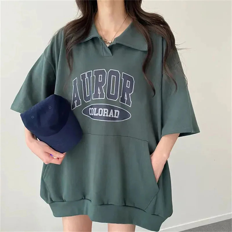 Summer Women Short Sleeve Sweatshirts Harajuku Streetwear Fashion Letter Printed Female Turndown Collar Hoodies Loose Pullovers 250707