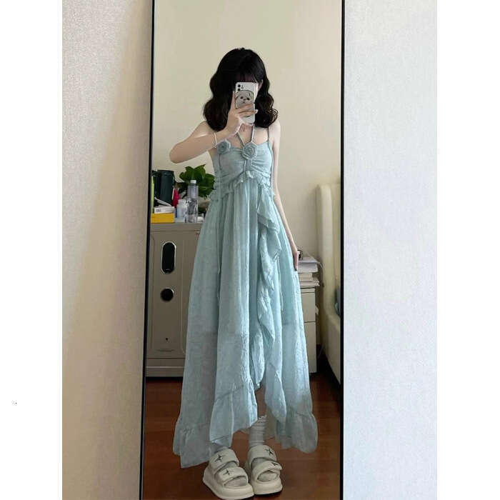French Style Halter Neck Strap For Women Summer Vacation Beach Elegant Green Ruffle Long Dress B5