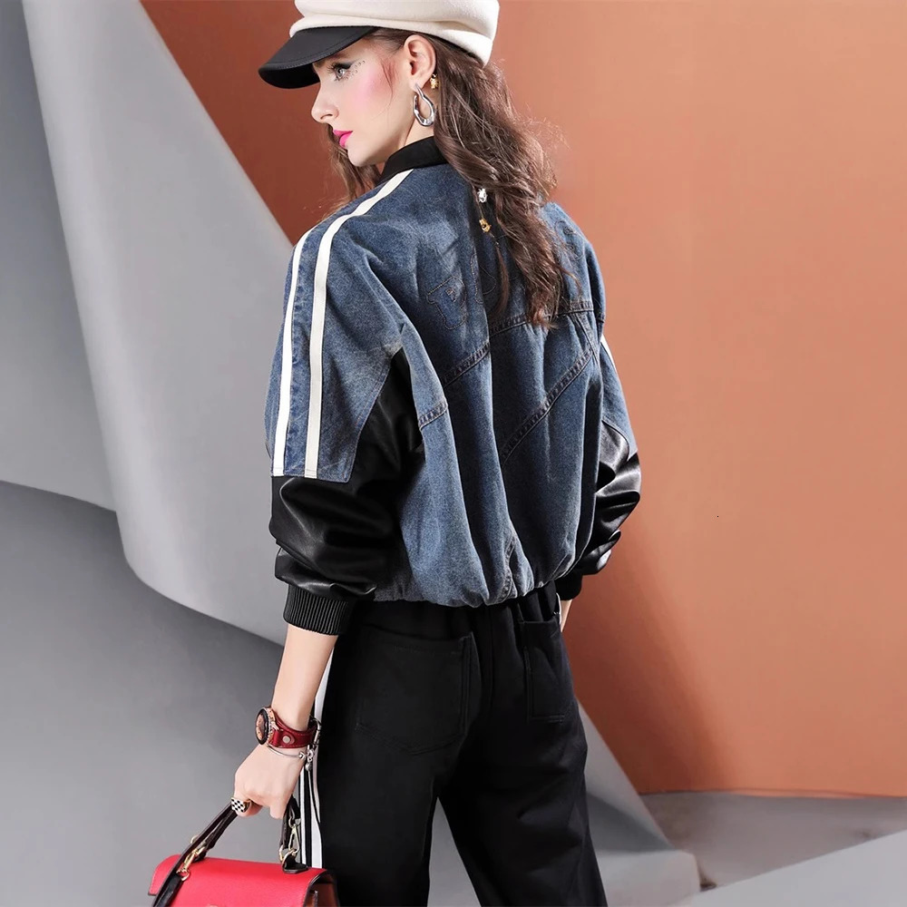 Autumn PU leather patchwork short loose long-sleeved womens denim jacket 250708