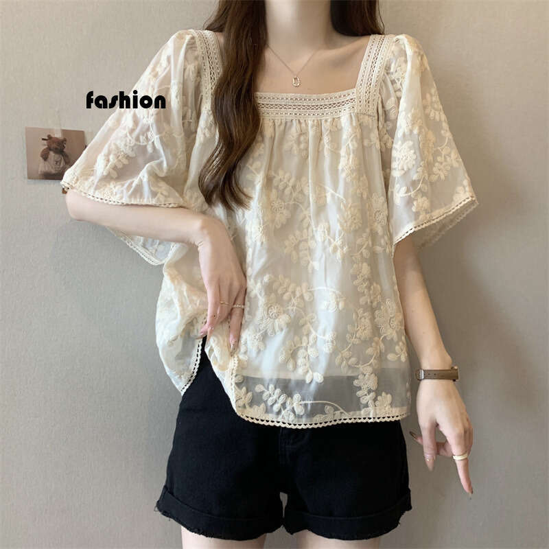 Plus Size French Style Mesh Lace Short Sleeve T-Shirt For Women Summer New High-End Fashionable Versatile Sweet Top B5 h7