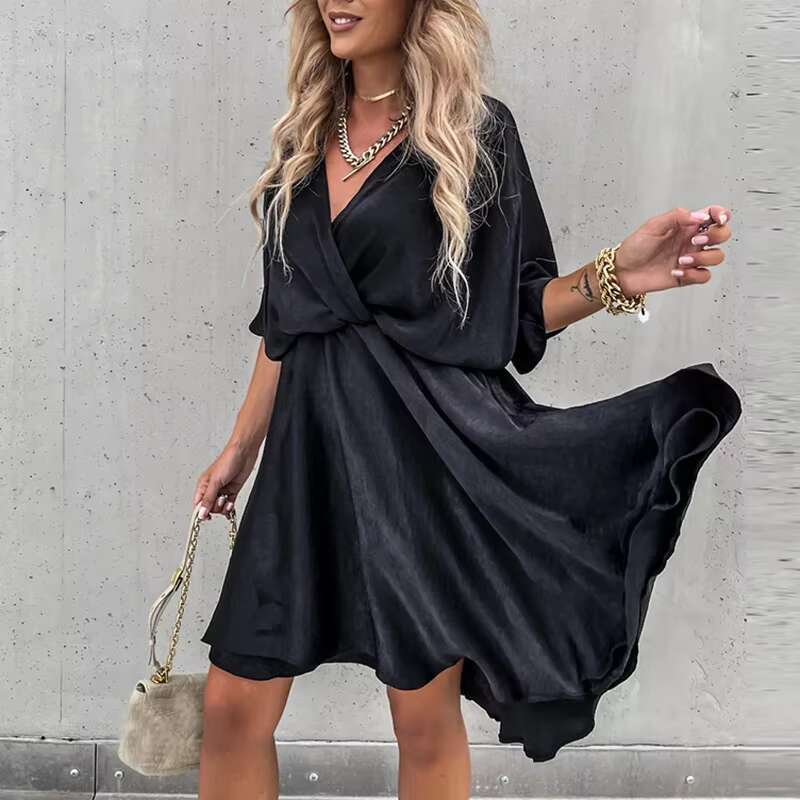 Sexy V Neck Dresses For Elegant Short Sleeve Solid A-line Loose Mini Women Casual Beach Party Dress Boho 2022 dongdumaoyi