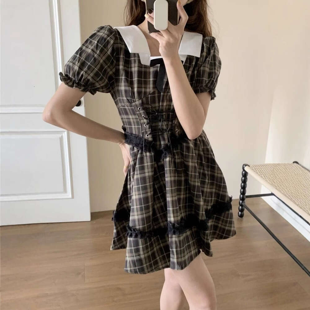 French Black Plaid For Women Summer New Korean College Style Puff Sleeve Waist-Cinching Short Dress B5