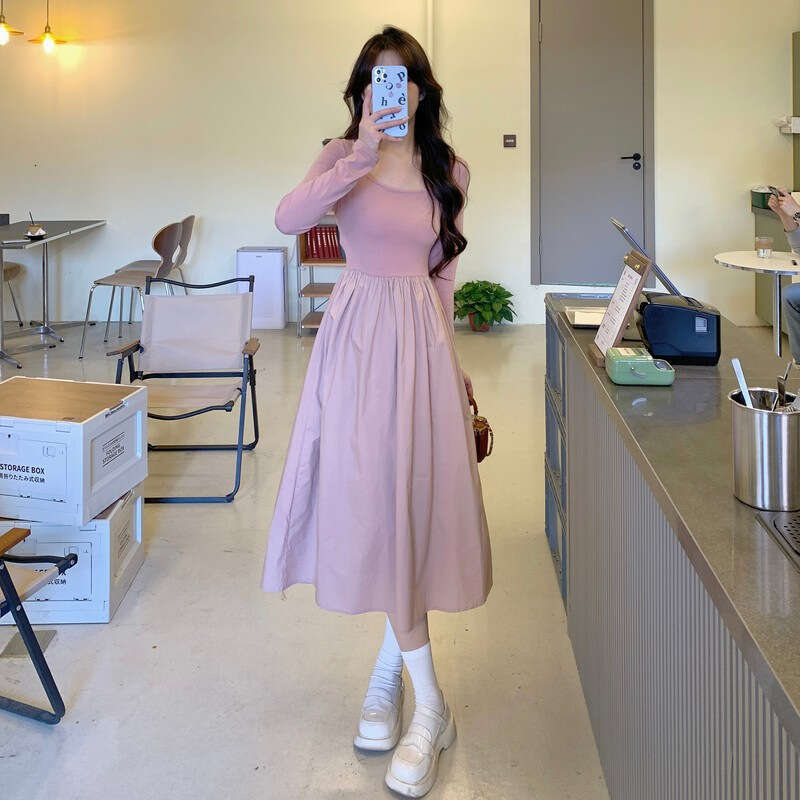 Autumn New Style Slightly Plump MM Tea Break French Chic Waist-Slimming Square Neck Hepburn Little Black Dress B5